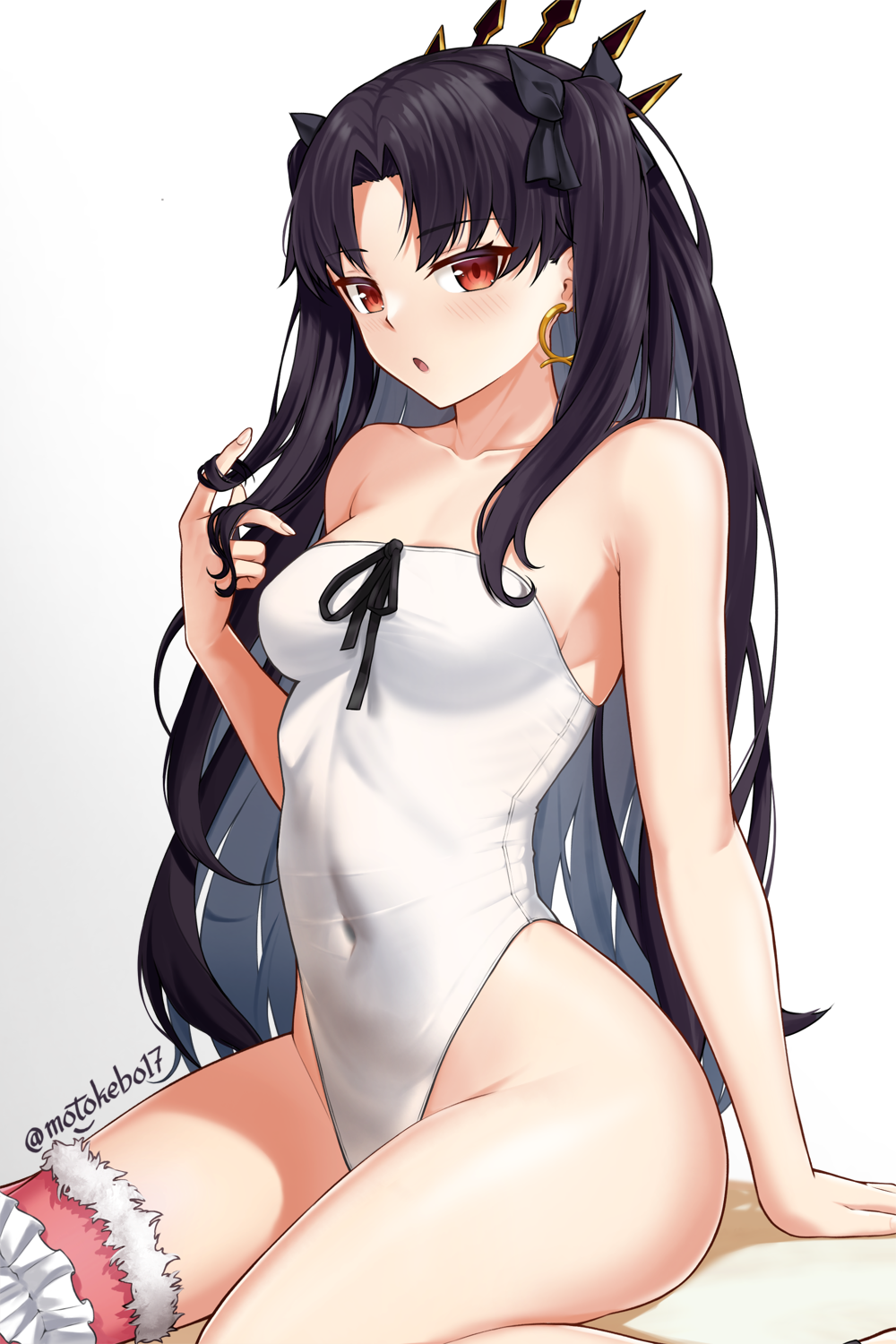 1girl bare_shoulders black_hair breasts collarbone covered_navel earrings fate/grand_order fate_(series) fur-trimmed_legwear fur_trim hair_ribbon highleg highleg_one-piece_swimsuit highres hoop_earrings ishtar_(fate) ishtar_(swimsuit_rider)_(fate) jewelry long_hair looking_at_viewer medium_breasts motokebo17 one-piece_swimsuit open_mouth parted_bangs pink_thighhighs red_eyes ribbon single_thighhigh sitting solo swimsuit thighhighs thighs tiara two_side_up white_one-piece_swimsuit