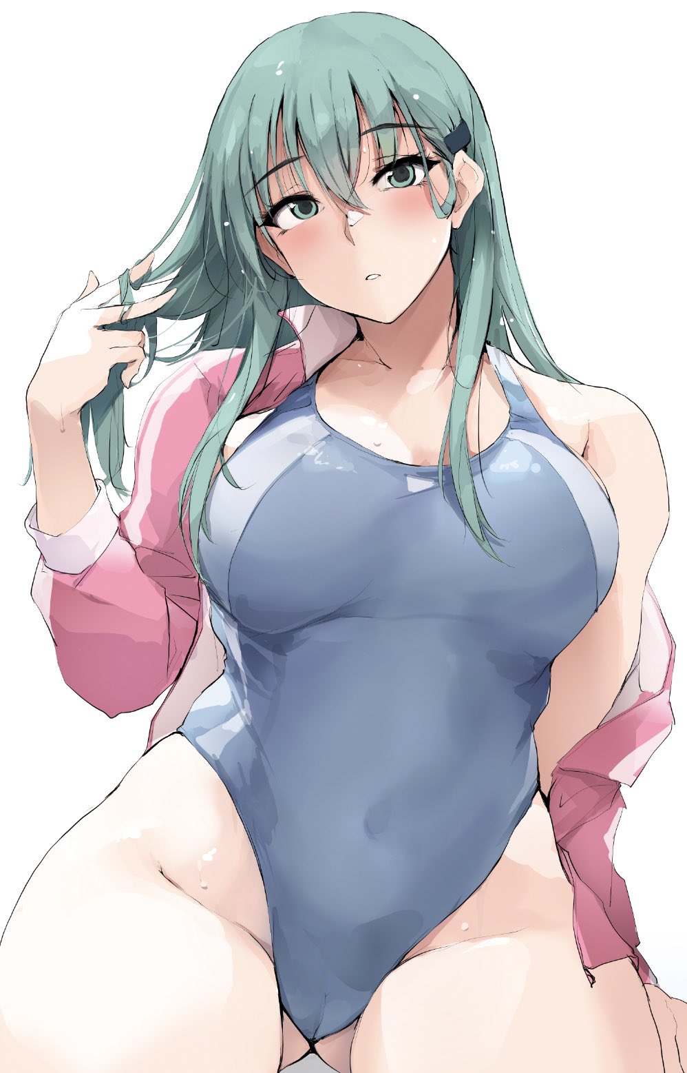 1girl aqua_hair blue_one-piece_swimsuit breasts cameltoe competition_swimsuit covered_navel hair_ornament hairclip highleg highleg_one-piece_swimsuit highres jacket kantai_collection long_hair one-piece_swimsuit pink_jacket simple_background suzuya_(kancolle) swimsuit track_jacket white_background zekkyon