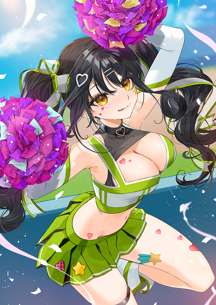 1girl :q arm_warmers armpits arms_up bare_shoulders black_choker black_hair black_shirt bow breasts cheerleader choker cleavage cleavage_cutout closed_mouth clothing_cutout commentary_request crop_top facial_mark gotou_(nekocat) green_shirt green_skirt hair_bow heart heart_choker holding holding_pom_poms large_breasts leg_up long_hair looking_at_viewer midriff miniskirt navel original pleated_skirt pom_pom_(cheerleading) pom_poms second-party_source shirt skirt sleeveless sleeveless_shirt smile solo stomach sweat thighs tongue tongue_out twintails undershirt very_long_hair yellow_eyes