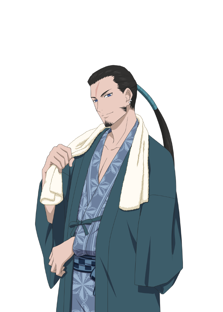 1boy black_hair blue_eyes commentary english_commentary facial_hair goatee holding holding_towel male_focus mature_male official_art ricardo_soldato scar scar_on_face scar_on_forehead smile solo tales_of_(series) tales_of_asteria tales_of_innocence towel towel_around_neck transparent_background upper_body