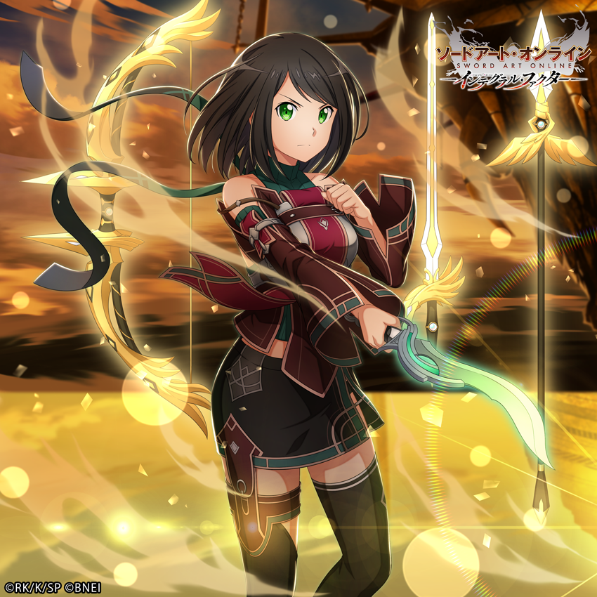 1girl armor bare_shoulders black_hair black_panties black_skirt black_thighhighs breastplate breasts brown_shirt company_name copyright_notice game_cg green_eyes green_undershirt holding holding_knife holding_weapon knife koharu_(sao) long_sleeves looking_at_viewer medium_breasts medium_hair miniskirt official_art panties shirt skirt solo standing sweater sword_art_online sword_art_online:_integral_factor thighhighs thighs turtleneck turtleneck_sweater undersuit underwear weapon wide_sleeves zettai_ryouiki