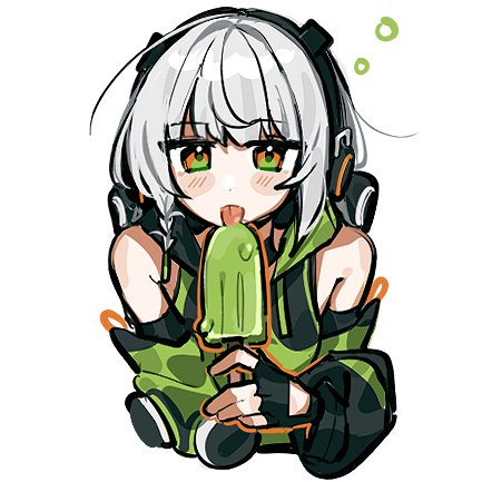 1girl anby_demara bare_shoulders cropped_torso detached_sleeves emne fingerless_gloves food gloves grey_hair holding holding_food holding_popsicle hood hood_down jacket long_sleeves lowres orange_eyes popsicle short_hair simple_background tongue tongue_out upper_body white_background zenless_zone_zero