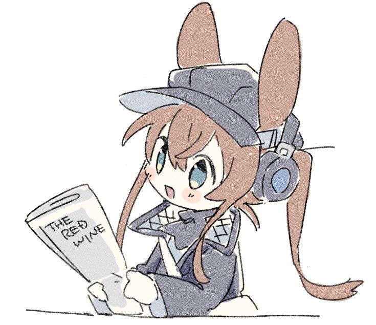 1girl amiya_(arknights) amiya_(newsgirl)_(arknights) animal_ears arknights ascot bag blue_eyes blue_hat blush_stickers brown_hair cabbie_hat commentary_request ears_through_headwear english_text hat headphones holding holding_newspaper jacket long_hair long_sleeves naguru_(cyoroama) newspaper open_mouth ponytail rabbit_ears shoulder_bag simple_background smile solo upper_body white_background