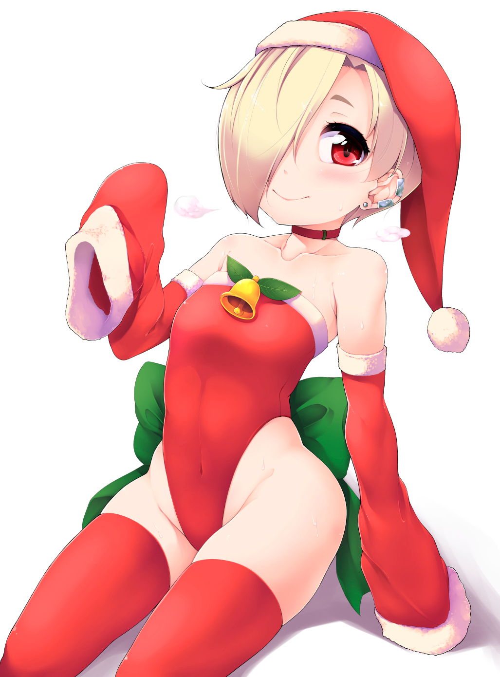 1girl bare_shoulders bell blonde_hair breath choker collarbone detached_sleeves ear_piercing earrings hair_over_one_eye hat highleg highres idolmaster idolmaster_cinderella_girls jewelry looking_at_viewer piercing red_eyes red_hat red_thighhighs revision santa_hat shachi_kamaboko shirasaka_koume simple_background sitting sleeves_past_wrists smile solo thighhighs white_background