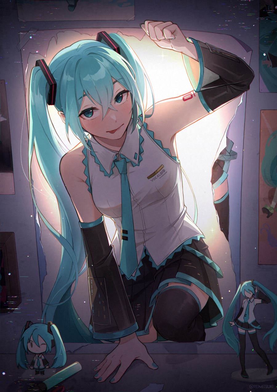 1girl :p aqua_eyes aqua_hair aqua_nails aqua_necktie aqua_trim arm_support arm_tattoo arm_up armpit_crease backlighting bare_shoulders black_skirt black_sleeves black_thighhighs breasts clothes_writing collared_shirt commentary crossed_bangs detached_sleeves figure glitch glowstick hatsune_miku highres light_blush long_hair long_sleeves necktie number_tattoo paper penlight_(glowstick) pleated_skirt poster_(object) reimitsuki see-through_clothes see-through_sleeves shirt sidelocks skirt sleeveless sleeveless_shirt small_breasts solo sparkle tattoo thighhighs through_medium through_page tie_clip tongue tongue_out twintails very_long_hair vocaloid white_shirt wide_sleeves wing_collar