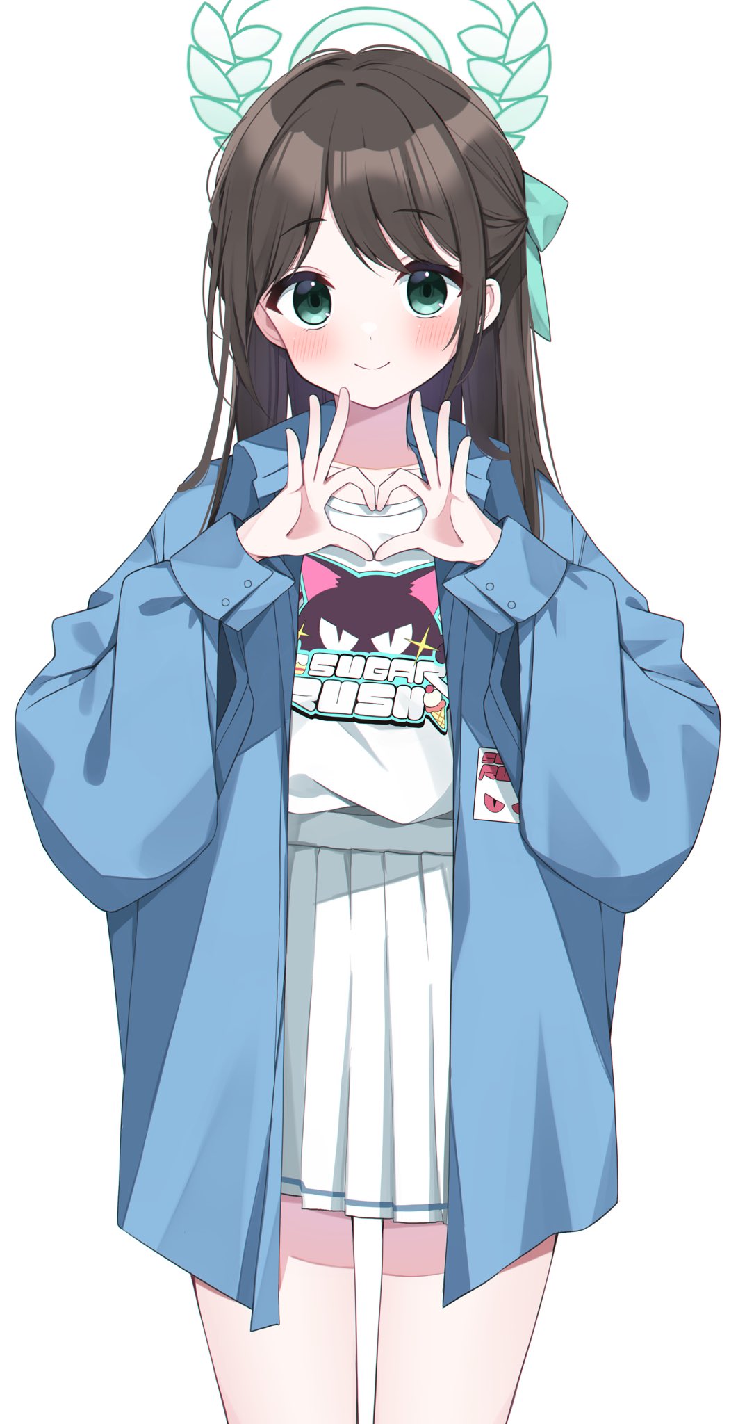 1girl 4-finger_heart_hands airi_(band)_(blue_archive) airi_(blue_archive) black_hair blue_archive blue_jacket blush closed_mouth commentary cowboy_shot green_eyes green_halo halo heart heart_hands highres jacket long_hair looking_at_viewer murase48 official_alternate_costume open_clothes open_jacket pleated_skirt simple_background skirt smile solo symbol-only_commentary white_background white_hair white_skirt