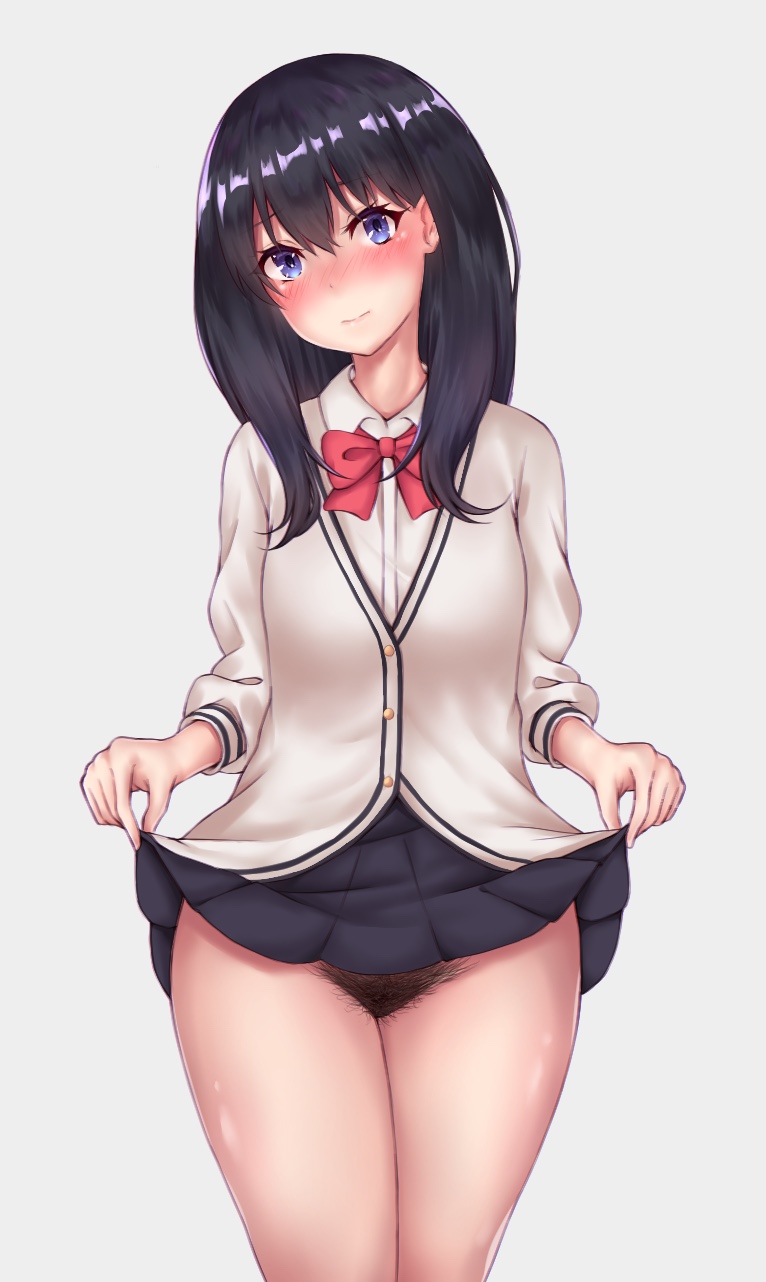 10s 1girl black_hair black_skirt blue_eyes blush bow bowtie breasts buttons closed_mouth clothes_lift female_focus female_pubic_hair full-face_blush gridman_universe hair_between_eyes highres hip_focus kirima_aki lifting_own_clothes long_hair looking_at_viewer miniskirt no_panties pleated_skirt pubic_hair red_bow red_bowtie shiny_skin skirt skirt_lift small_breasts solo ssss.gridman sweater swept_bangs takarada_rikka thick_thighs thighs white_sweater