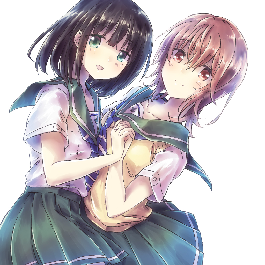 2girls ascot black_hair brown_eyes brown_hair green_eyes holding_hands looking_at_viewer meguro_megumi miyata_yuri mole mole_under_eye multiple_girls nyaa_(nnekoron) open_mouth pleated_skirt sailor_collar school_uniform short_hair skirt smile twocar