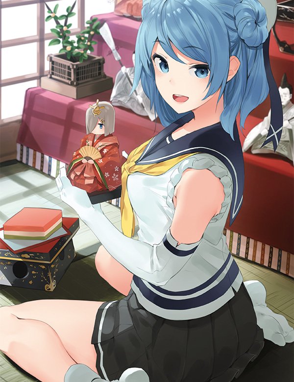 10s 1girl :d altar bare_shoulders blue_eyes blue_hair book carrying character_doll double_bun elbow_gloves female_focus gloves hair_bun hamakaze_(kancolle) hat hina_ningyou hinamatsuri hishimochi holding kantai_collection looking_at_viewer matching_hair/eyes neckerchief official_art open_mouth parsley-f plant ribbon school_uniform serafuku shirt short_hair sleeveless sleeveless_shirt smile solo statue upper_body urakaze_(kancolle) white_gloves window wooden_floor yellow_ribbon