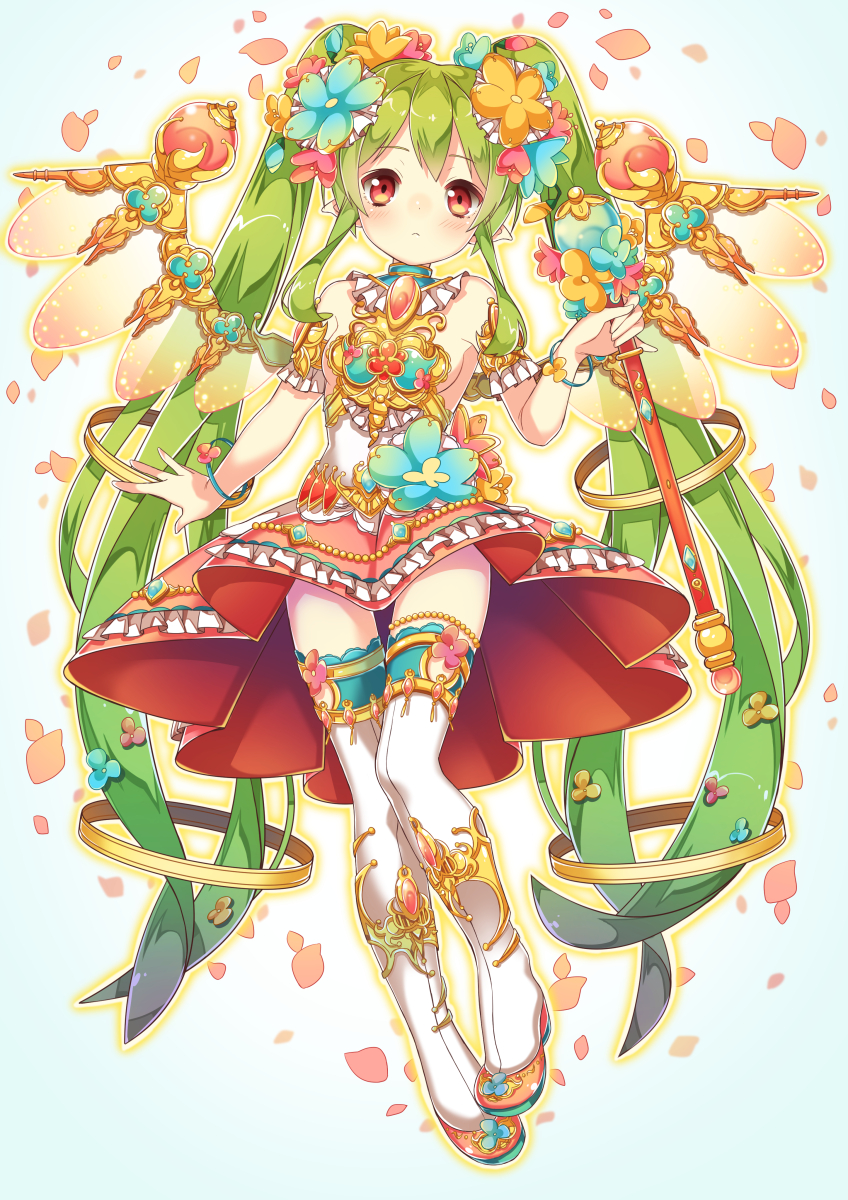 1girl blush chitetan female_focus flower green_hair highres long_hair looking_at_viewer original skirt solo thighhighs very_long_hair white_thighhighs