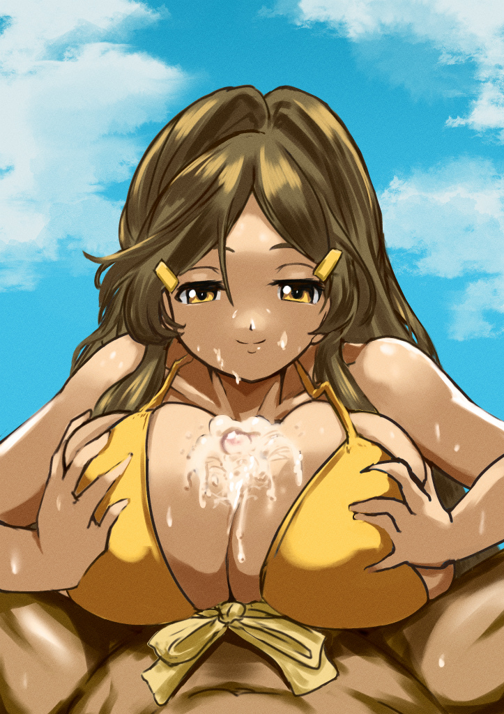 1boy 1girl bikini blush breasts brown_eyes brown_hair closed_mouth hair_ornament hairclip hetero large_breasts paizuri shinomiya_himawari sky smile swimsuit vividred_operation yellow_bikini