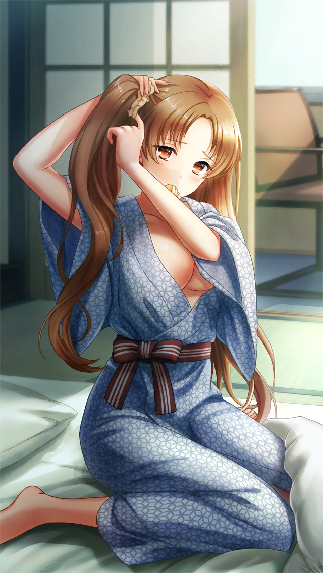 1girl barefoot blue_kimono breasts brown_eyes brown_hair cleavage collarbone doukyuusei_(series) doukyuusei_another_world futon game_cg indoors japanese_clothes kakyuusei kakyuusei_(series) kanou_ryouko kimono large_breasts long_hair mouth_hold official_art parted_bangs pillow sitting solo twintails tying_hair very_long_hair wariza wide_sleeves