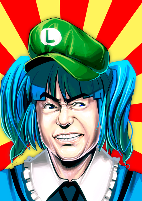 1girl bad_id bad_pixiv_id blue_eyes blue_hair clenched_teeth creepy eyebrows female_focus hat katori_shingo kawashiro_nitori kouno_(masao) luigi macedonian_flag man_face mario_(series) matching_hair/eyes nintendo solo sunburst teeth touhou twintails two_side_up