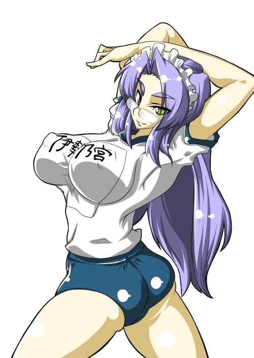 1girl arms_up ass breasts buruma covered_erect_nipples female_focus glasses green_eyes gym_outfit gym_uniform headdress large_breasts long_hair maid maid_headdress purple_hair shirt shisoworld simple_background solo standing white_background