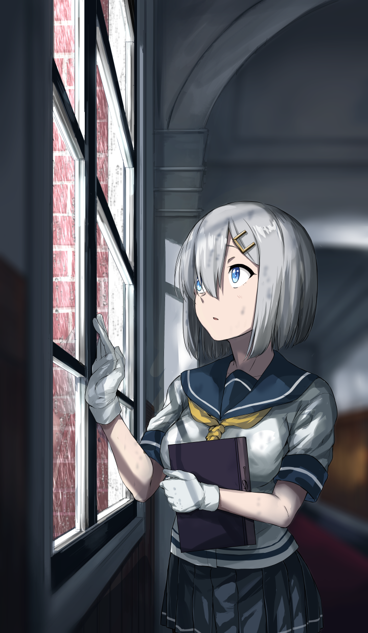 1girl aoi_tiduru blue_eyes blue_sailor_collar gloves grey_skirt hair_ornament hair_over_one_eye hairclip hamakaze_(kancolle) highres holding indoors kantai_collection neckerchief pleated_skirt sailor_collar school_uniform serafuku short_hair short_sleeves silver_hair skirt solo white_gloves window yellow_neckerchief