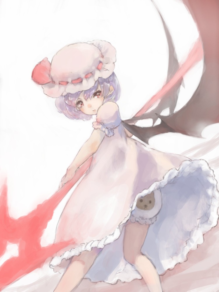 1girl animal_print bat_wings bloomers expressionless female_focus hat hat_ribbon light_purple_hair looking_at_viewer looking_back masuchi mob_cap print_bloomers puffy_short_sleeves puffy_sleeves red_eyes remilia_scarlet ribbon short_hair short_sleeves simple_background solo spear_the_gungnir touhou underwear white_background wings