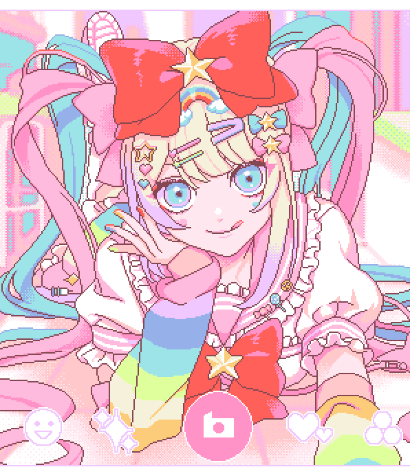 1girl arm_warmers bag blonde_hair blue_bow blue_eyes blue_hair bow brooch candy candy_wrapper cellphone_photo chouzetsusaikawa_tenshi-chan closed_mouth colorful decora eencya emoji facial_mark fake_phone_screenshot fake_screenshot food frilled_skirt frills gradient_hair hair_bow hair_ornament hairclip head_rest heart heart_facial_mark heart_hair_ornament jewelry leg_warmers lollipop long_hair looking_at_viewer multicolored_clothes multicolored_hair multicolored_nails multicolored_skirt multiple_hair_bows nail_polish needy_girl_overdose official_alternate_costume official_art pink_bag pink_bow pink_footwear pink_hair pink_leg_warmers pink_sailor_collar pixel_art pleading_face_emoji puffy_short_sleeves puffy_sleeves purple_hair quad_tails rainbow rainbow_arm_warmers rainbow_hair_ornament rainbow_skirt red_bow sailor_collar second-party_source selfie shirt short_sleeves sidelocks skirt smile solo star_(symbol) star_brooch star_hair_ornament syringe tongue tongue_out very_long_hair white_shirt