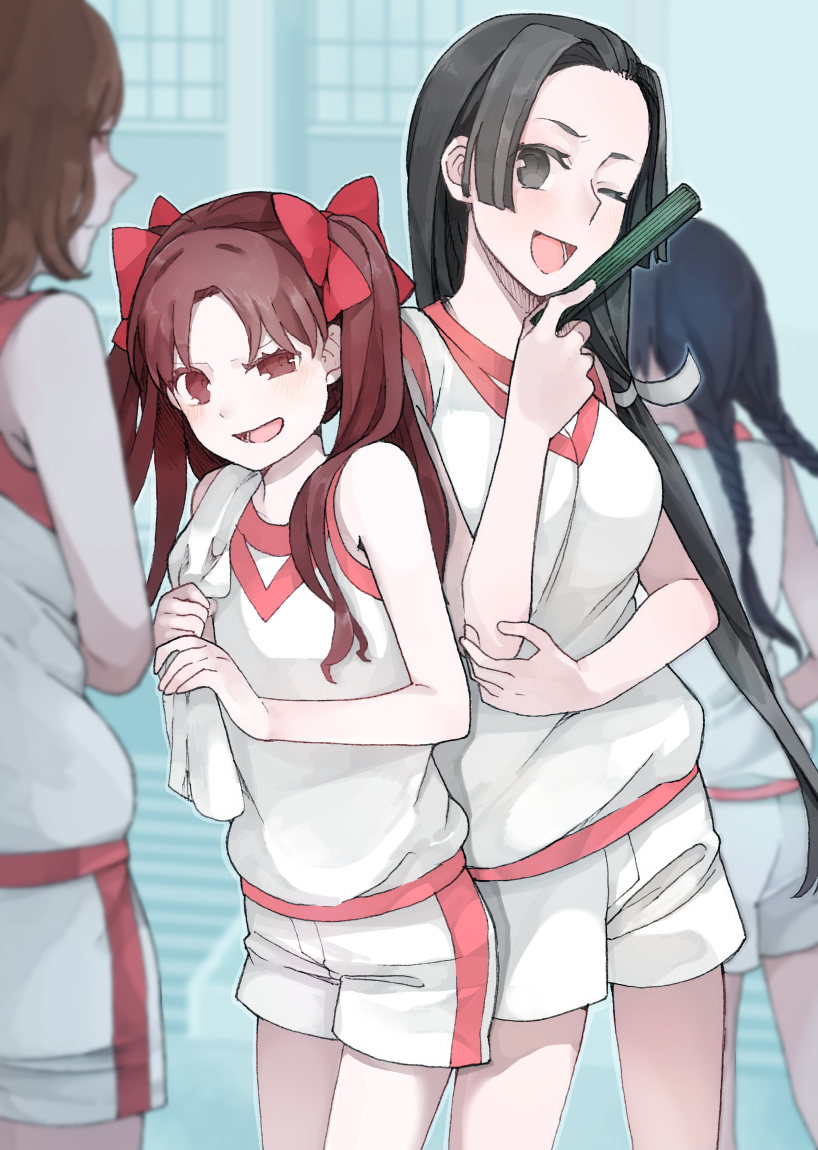 4girls awatsuki_maaya black_gloves black_hair blurry bow brown_eyes brown_hair commentary_request depth_of_field folding_fan gloves gym_shirt gym_shorts hair_bow hand_fan holding holding_fan holding_towel kongou_mitsuko laughing long_hair looking_at_another multiple_girls nanaheibei_3 one_eye_closed outdoors pale_skin red_bow shirai_kuroko shirt short_hair shorts sleeveless sleeveless_shirt toaru_kagaku_no_railgun toaru_kagaku_no_railgun_t toaru_majutsu_no_index tokiwadai_school_gym_uniform towel towel_on_one_shoulder twintails wannai_kinuho white_shirt white_shorts