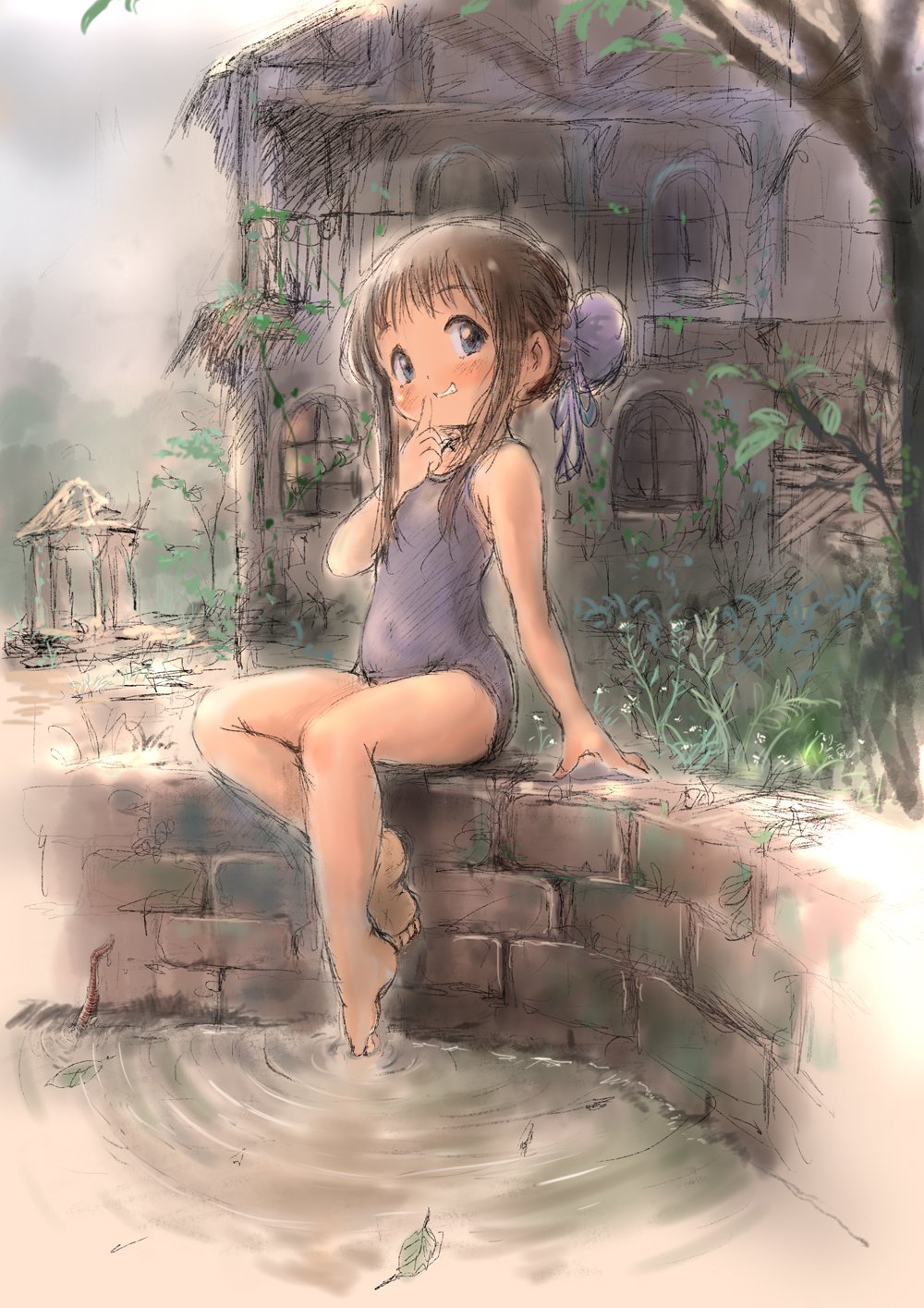 1girl abandoned arm_support bare_shoulders barefoot blue_eyes blue_one-piece_swimsuit blush brown_hair bun_cover child covered_navel crossed_legs grin guma hair_bun hand_on_own_cheek hand_on_own_face head_tilt highres leaf mansion one-piece_swimsuit original outdoors pavilion pond short_hair sitting sketch smile solo swimsuit weeds