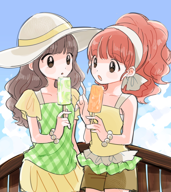 2girls bead_bracelet beads bemani blue_sky blunt_bangs blush_stickers bracelet brown_eyes brown_hair brown_shorts collarbone cowboy_shot food green_shirt hairband hat holding holding_food holding_popsicle jewelry long_hair long_sleeves multiple_girls open_mouth ponytail pop&#039;n_music popsicle rie-chan sanae-chan sgwyi shirt shorts sky sun_hat white_hairband yellow_shirt