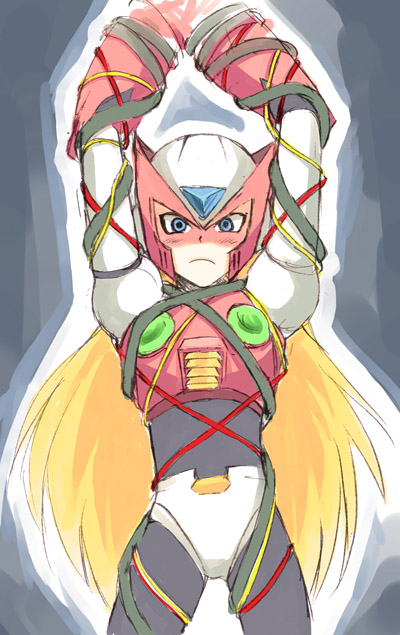 1boy bdsm blonde_hair blue_eyes blush bondage bound cable capcom helmet jiayu_long long_hair male_focus mega_man_(series) mega_man_x_(series) solo very_long_hair zero_(mega_man)