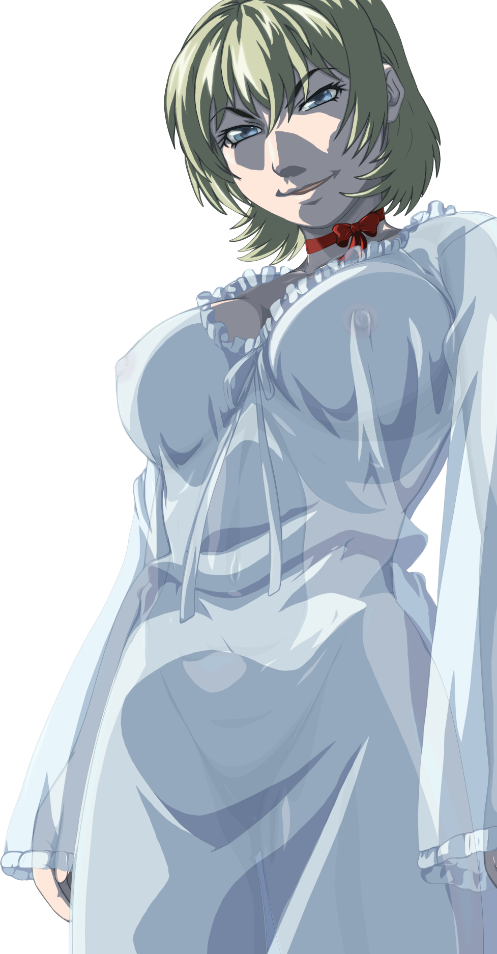 1girl bible_black blonde_hair breasts curvy dress jody_crowley large_breasts nightgown nipples shin_bible_black short_hair smile solo transparent_dress white_dress witch