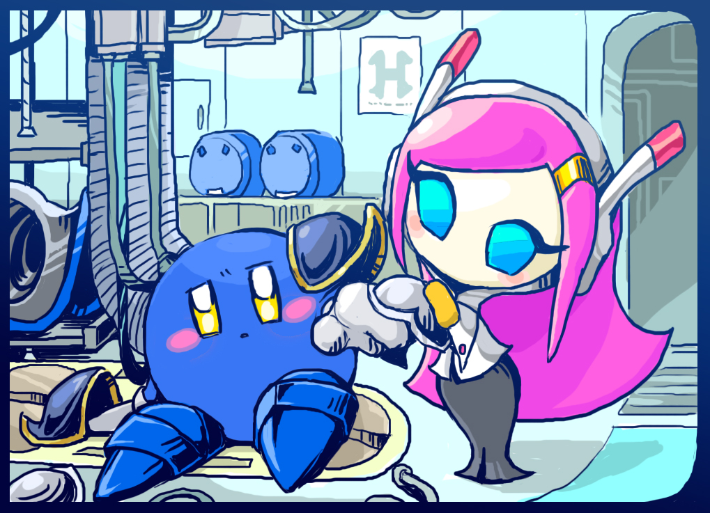 1boy 1girl armor black_skirt blue_eyes blush_stickers cable gloves hair_ornament hairclip indoors kirby:_planet_robobot kirby_(series) looking_at_another meta_knight nintendo pauldrons pink_hair reironsenzai shoulder_armor skirt susie_(kirby) yellow_eyes yellow_gloves