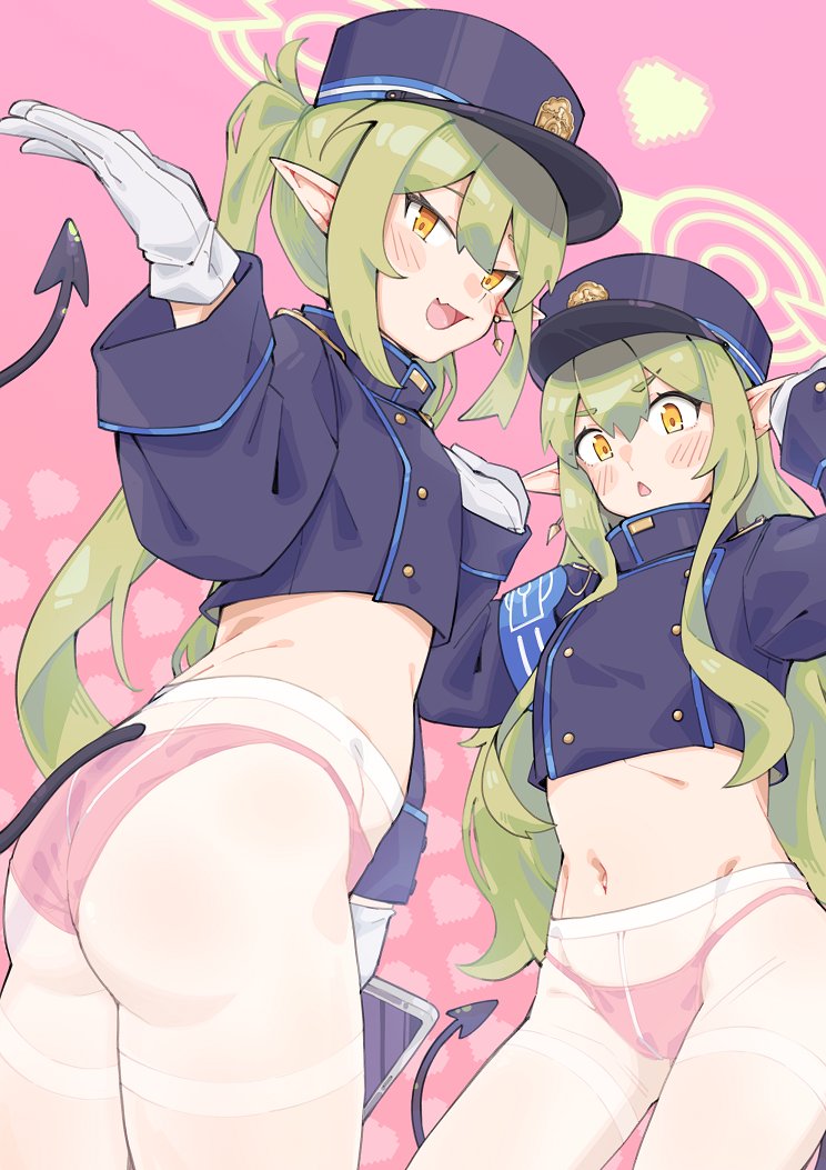 2girls armband ass belly black_hat blue_archive blue_armband blush crop_top cropped_jacket demon_tail double-parted_bangs earrings fang flat_chest gloves gold_earrings green_hair green_halo groin hair_between_eyes halo hands_up hat heart heart_background hikari_(blue_archive) jewelry kokuya_(kokuya28) long_hair long_sleeves looking_at_viewer multiple_girls navel no_pants nozomi_(blue_archive) open_mouth panties panties_under_pantyhose pantyhose peaked_cap pink_background pink_panties pointy_ears rabbit_pose single_earring skin_fang smile tail tareme tsurime twintails underwear v-shaped_eyebrows wedgie white_gloves white_pantyhose yellow_eyes