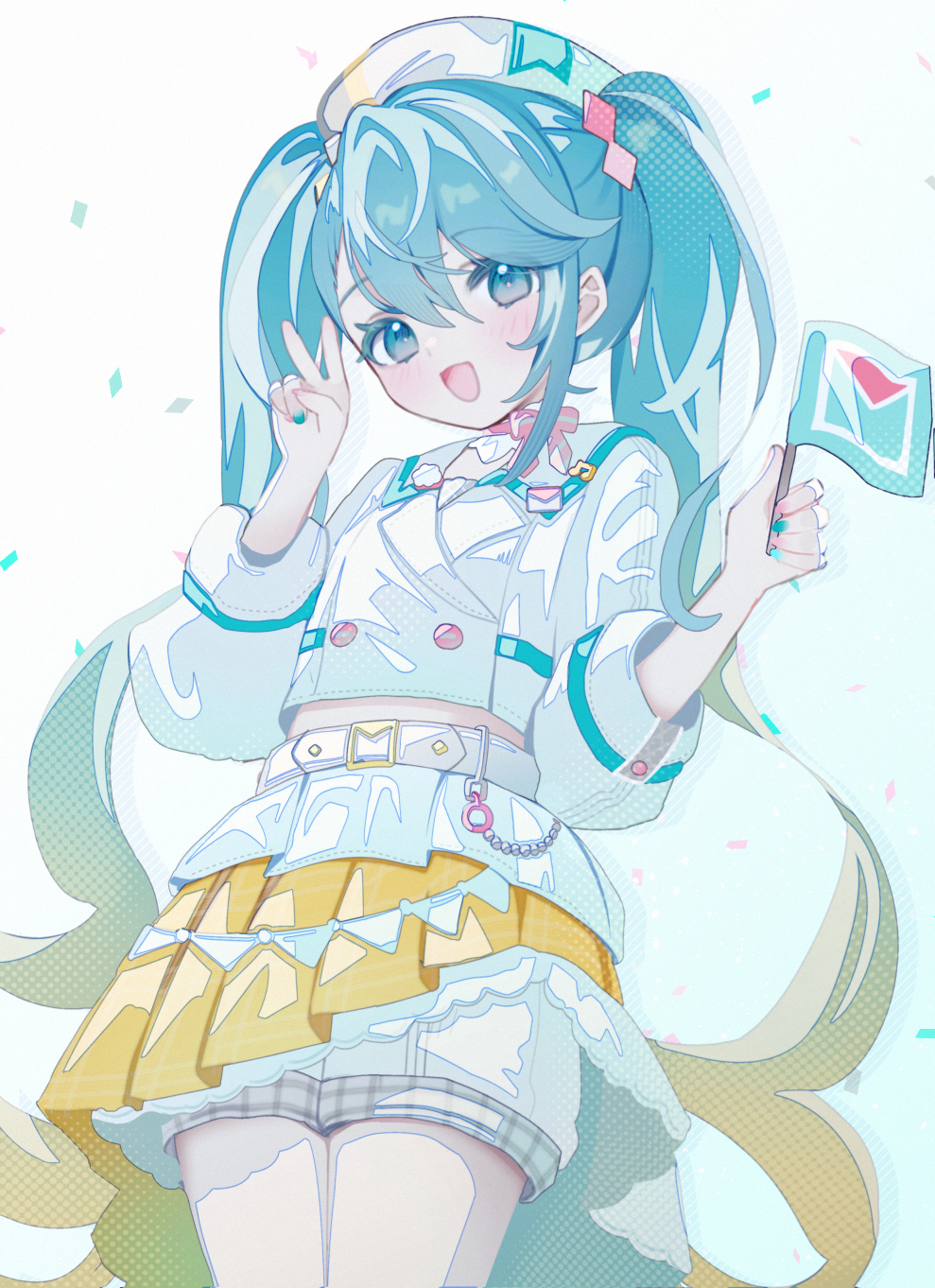 1girl :d belt beret blue_eyes blue_hair blue_nails blush confetti cowboy_shot crop_top d_omm flag gradient_hair green_hair hair_between_eyes hand_up hat hatsune_miku head_tilt highres holding holding_flag layered_skirt legs_together long_hair long_sleeves looking_at_viewer magical_mirai_(vocaloid) magical_mirai_miku magical_mirai_miku_(2024) midriff multicolored_hair nail_polish open_mouth pleated_skirt shirt shorts shorts_under_skirt sidelocks simple_background skirt smile solo twintails v very_long_hair vocaloid white_background white_belt white_hat white_shirt white_shorts white_skirt yellow_skirt