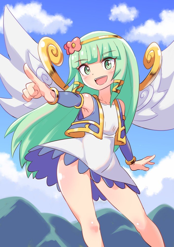 1girl blunt_bangs blush brave_dungeon cougar_(cougar1404) dress flower green_eyes green_hair hair_ornament long_hair looking_at_viewer majin_shoujo mountain one_eye_closed open_mouth pointing smile solo stoj wings wink