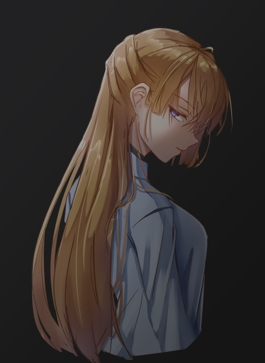 1girl amalia_lobelia blonde_hair blue_shirt degtyaryov2952 empty_eyes long_hair naraku naraku_2 purple_eyes shirt solo sweater turtleneck turtleneck_sweater