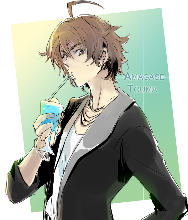 10s 1boy ahoge amagase_touma brown_eyes brown_hair drink firo idolmaster idolmaster_2 male_focus short_hair drinking solo zf