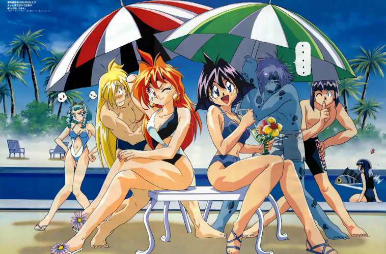 1990s_(style) 3girls 4boys amelia_wil_tesla_seyruun araizumi_rui bikini blush crossed_legs day feet fishpeople flip-flops gourry_gabriev lina_inverse martina_zoana_mel_navratilova midriff multiple_boys multiple_girls noonsa one-piece_swimsuit one_eye_closed pool retro_artstyle sandals sitting slayers slayers_next swimsuit sylphiel_nels_lahda tankini umbrella wink xelloss zelgadiss_graywords