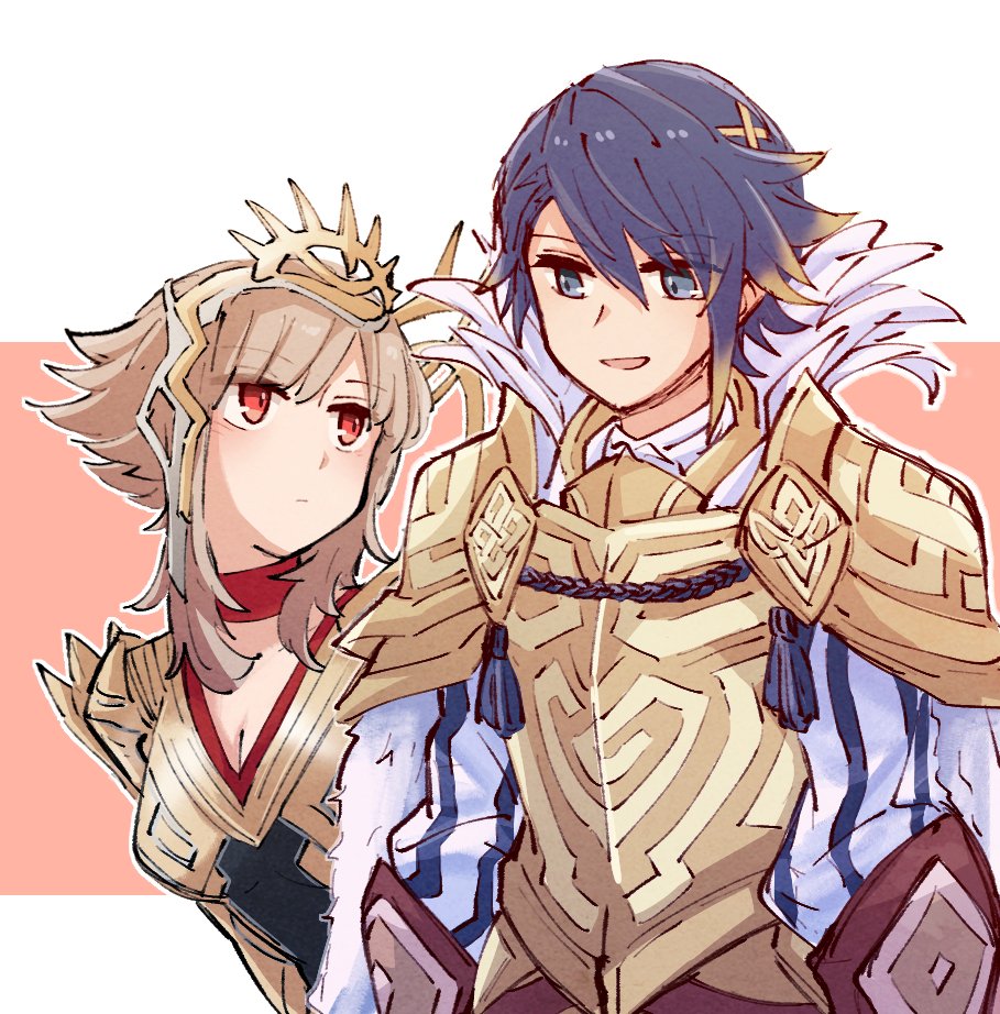 1boy 1girl alfonse_(fire_emblem) alfonse_(heir_to_openness)_(fire_emblem) alonemistrist armor black_dress blonde_hair blue_eyes blue_hair closed_mouth dress fire_emblem fire_emblem_heroes grey_hair hair_between_eyes long_sleeves looking_at_another multicolored_hair nintendo official_alternate_costume official_alternate_hairstyle open_mouth pauldrons shirt short_hair short_hair_with_long_locks shoulder_armor tiara two-tone_hair veronica_(fire_emblem) veronica_(princess_rising)_(fire_emblem) white_shirt