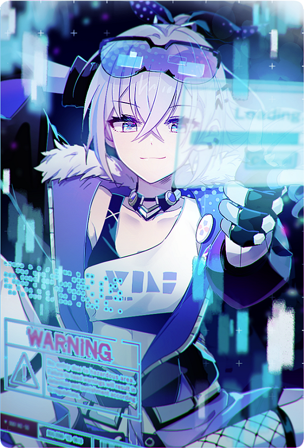 1girl 6_(yuchae) black_gloves breasts collarbone eyewear_on_head fingerless_gloves gloves grey_eyes grey_hair hair_between_eyes honkai:_star_rail honkai_(series) korean_commentary multicolored_hair ponytail screen silver_wolf_(honkai:_star_rail) small_breasts smirk solo sports_bra streaked_hair upper_body