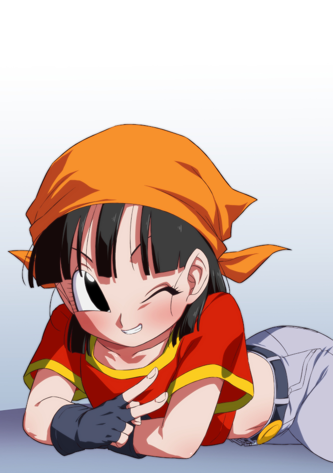 1girl bandana black_gloves black_hair collarbone denim dragon_ball dragon_ball_gt fingerless_gloves gloves gradient_background grey_background jeans looking_at_viewer midriff navel orange_bandana pan_(dragon_ball) pants rom_(20) short_hair smile solo v