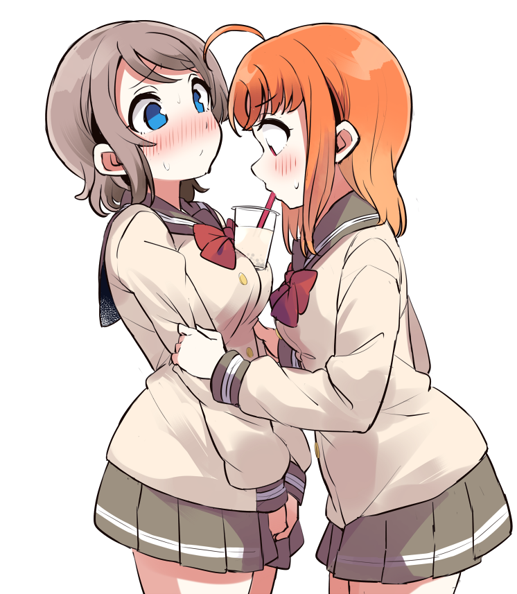 2girls ahoge bad_id bad_pixiv_id blue_eyes blush bow bowtie breasts brown_hair bubble_tea bubble_tea_challenge drinking drinking_straw drinking_straw_in_mouth grey_skirt long_sleeves looking_at_another love_live! love_live!_sunshine!! multiple_girls orange_hair pleated_skirt red_eyes red_neckwear school_uniform short_hair simple_background skirt takami_chika totoki86 watanabe_you white_background yuri