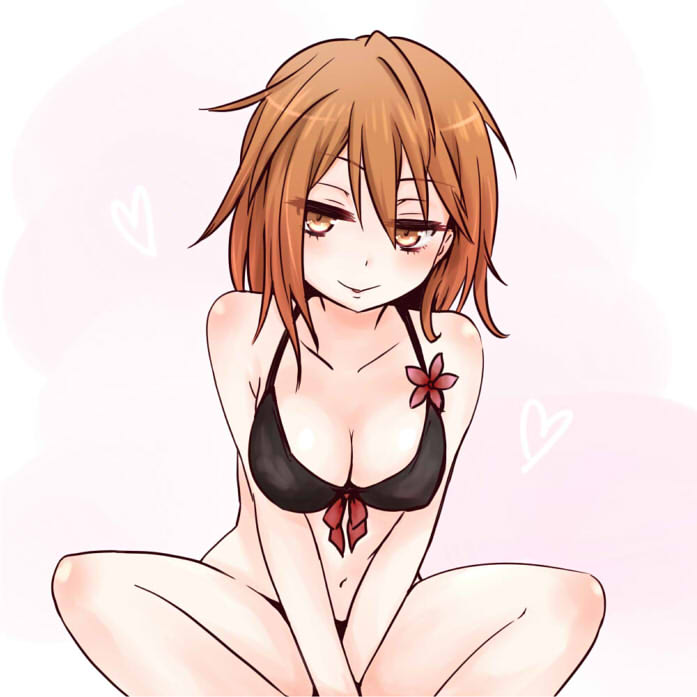 1girl bare_arms bare_shoulders bikini black_bikini blush breasts brown_eyes brown_hair cleavage commentary_request feet_out_of_frame flower hair_between_eyes half-closed_eyes heart i.u.y indian_style large_breasts long_bangs looking_at_viewer medium_hair messy_hair misaka_worst monochrome_background navel parted_lips pink_background red_flower sitting smile solo stomach swimsuit toaru_majutsu_no_index