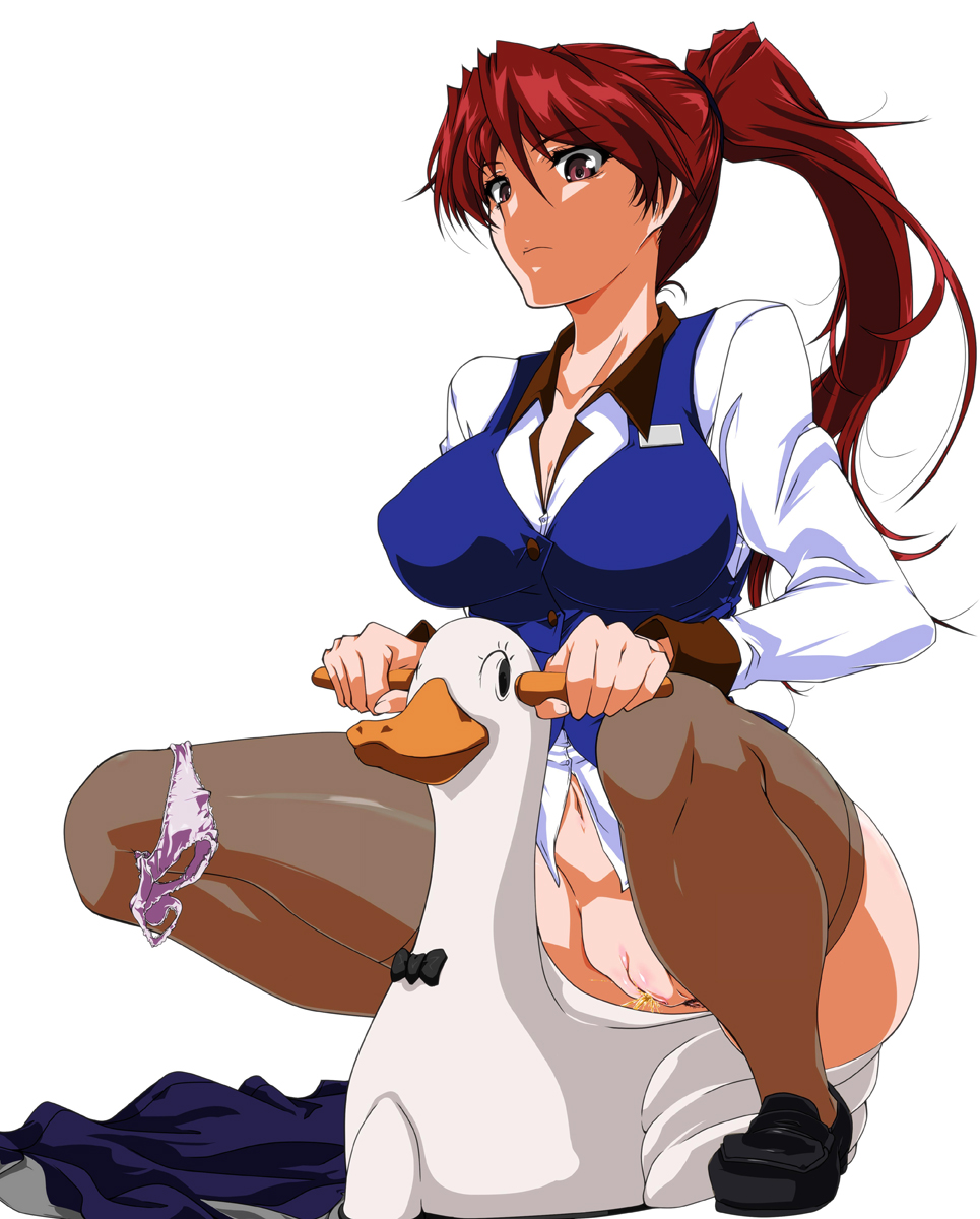 1990s_(style) 1girl bottomless cleft_of_venus excel_saga female_focus highres loafers long_hair matsuya_misaki panties panties_around_leg pee peeing ponytail potty pussy red_eyes red_hair retro_artstyle shoes side_shape skirt unworn_skirt solo squatting thighhighs uncensored underwear vest white_background