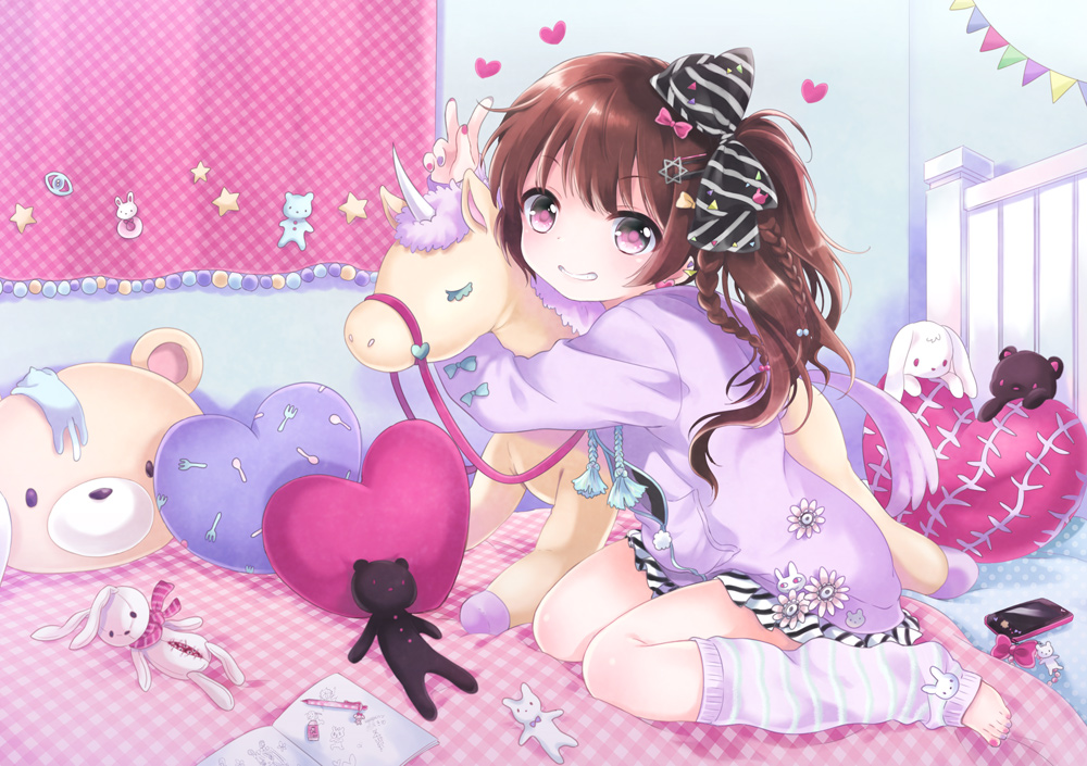 1girl bad_id bad_pixiv_id barefoot brown_hair cellphone doll female_focus hair_ribbon heart hug hugging_doll hugging_object jacket kona_(canaria) lapel_pin leg_warmers long_hair nail_polish original patterned_legwear phone pillow purple_eyes ribbon side_ponytail sitting skirt smartphone smile solo stuffed_animal stuffed_rabbit stuffed_toy toenail_polish toenails unicorn v wariza