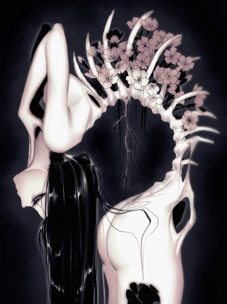 1girl ass black_hair branch breasts completely_nude flower hand_on_own_neck horror_(theme) huayen long_hair nude original ribs simple_background spine upside-down_head