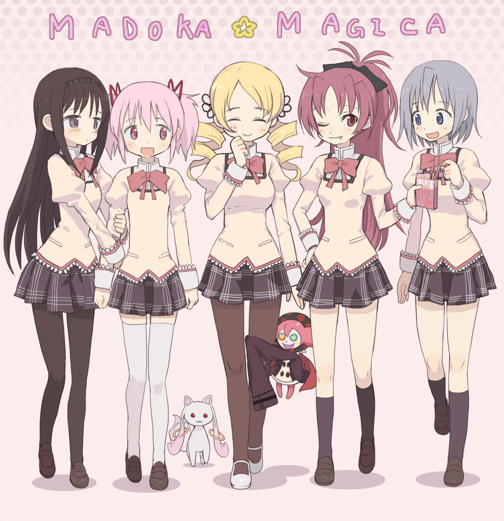 10s 5girls akemi_homura black_hair blonde_hair blue_eyes blue_hair blush bow charlotte_(madoka_magica) drill_hair fang food hair_bow hair_ornament hairband hairclip hasesese kaname_madoka kyubey long_hair mahou_shoujo_madoka_magica mahou_shoujo_madoka_magica_(anime) miki_sayaka multiple_girls one_eye_closed pink_hair pocky ponytail red_eyes red_hair sakura_kyoko school_uniform short_hair skirt smile thighhighs tomoe_mami twin_drills twintails walking wink yellow_eyes