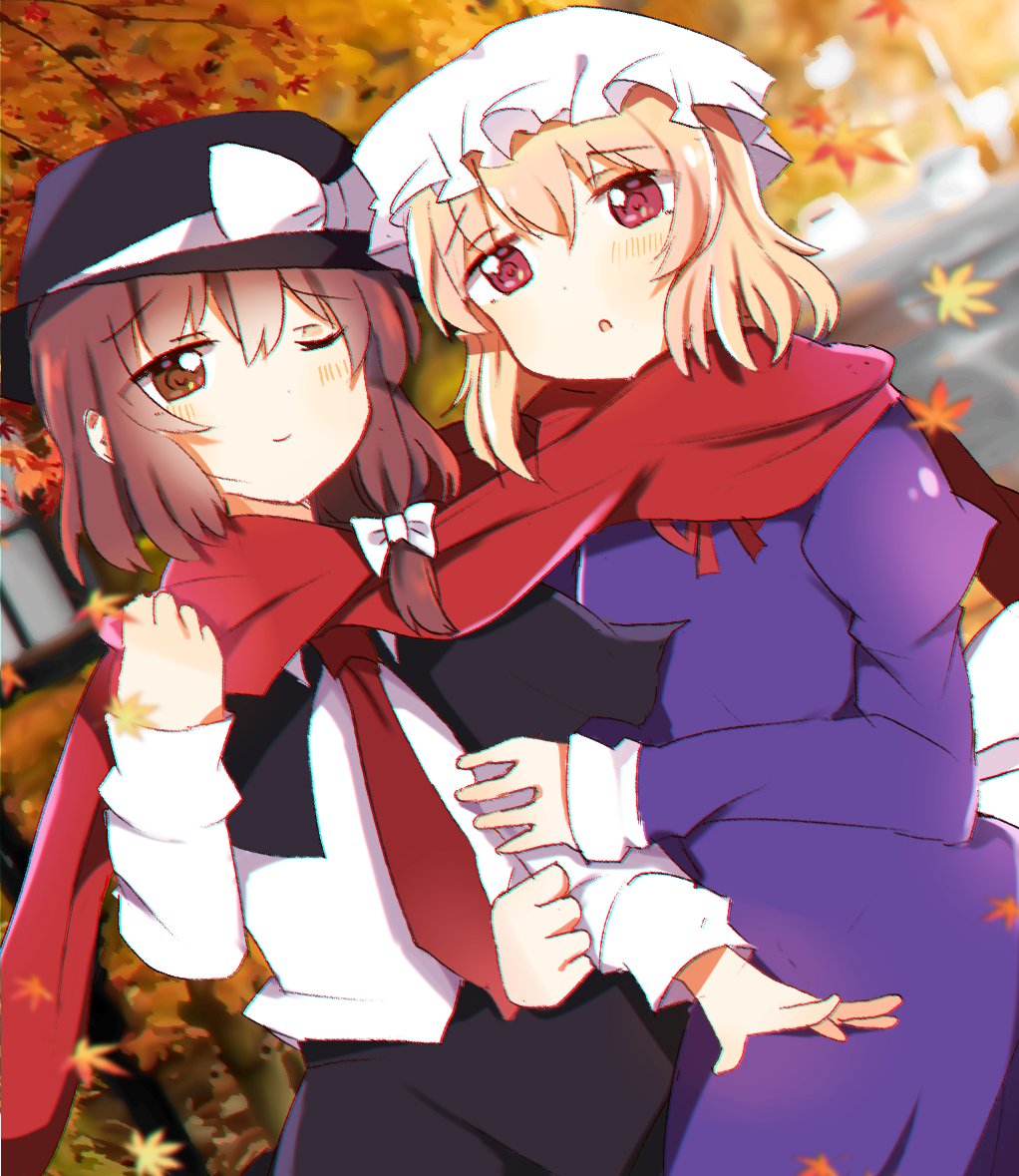 2girls :o black_capelet black_skirt blonde_hair blush bow brown_eyes brown_hair capelet dress fedora hat hat_bow juliet_sleeves long_sleeves maribel_hearn mob_cap multiple_girls necktie one_eye_closed puffy_sleeves purple_dress purple_eyes red_neckwear scarf shirt skirt smile touhou usami_renko white_shirt zerokosan