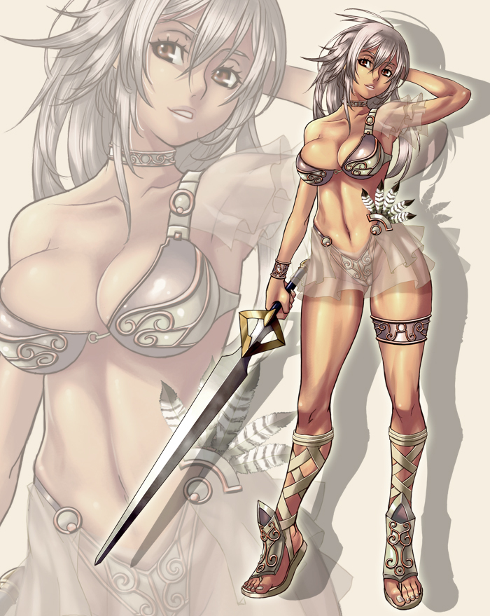 1girl amazon_warrior breasts brown_eyes cleavage dark-skinned_female dark_skin feathers female_focus long_hair midriff sandals see-through_clothes sethxzoe silver_hair smile solo sword warrior weapon