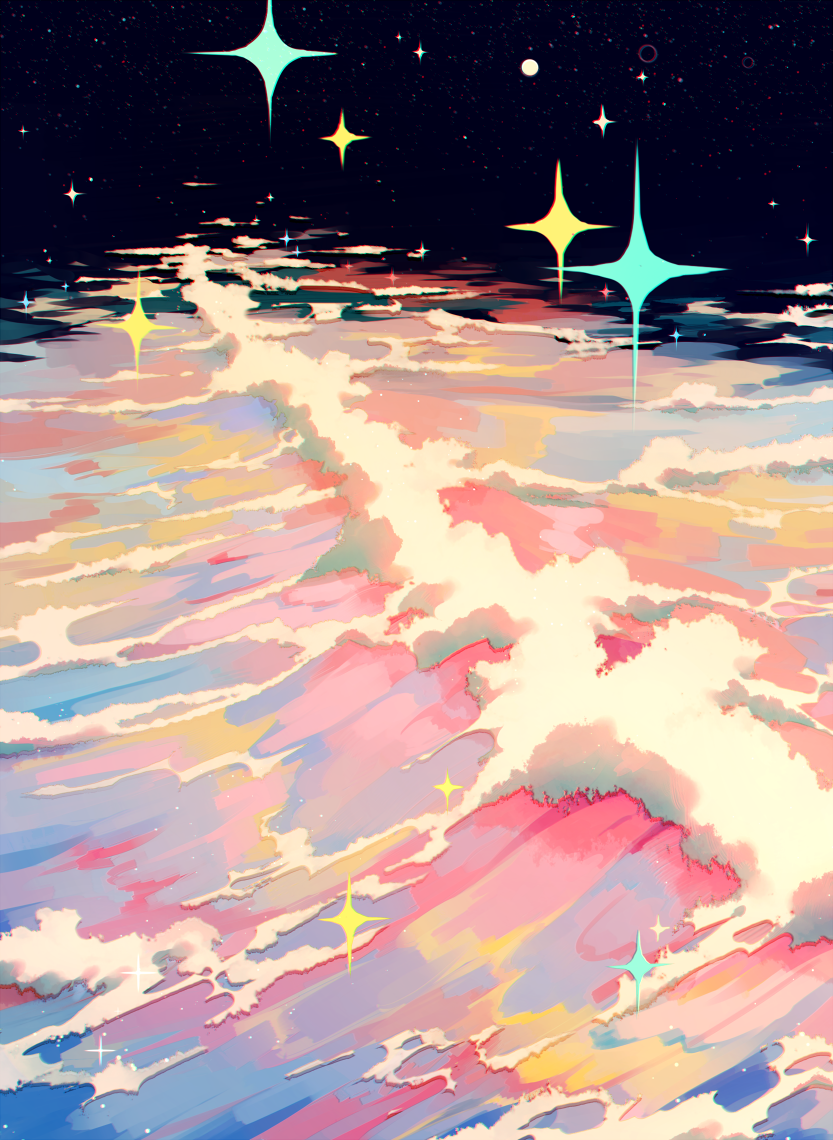 black_background black_sky chromatic_aberration colorful commentary english_commentary foaming_waves jauni_(tofublock) landscape night night_sky no_humans no_lineart ocean original outdoors paid_reward_available pastel_colors pink_theme scenery seascape sky sparkle star_(sky) starry_sky water waves