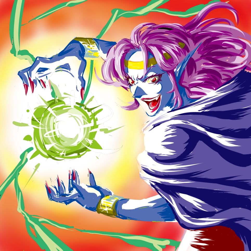 1girl bad_id bad_pixiv_id blue_skin bracelet cape circlet colored_skin female_focus fingernails jewelry kamiomutsu long_hair magic mishaela nail_polish no_lineart pointy_ears purple_hair red_eyes red_nails sega shining_(series) solo