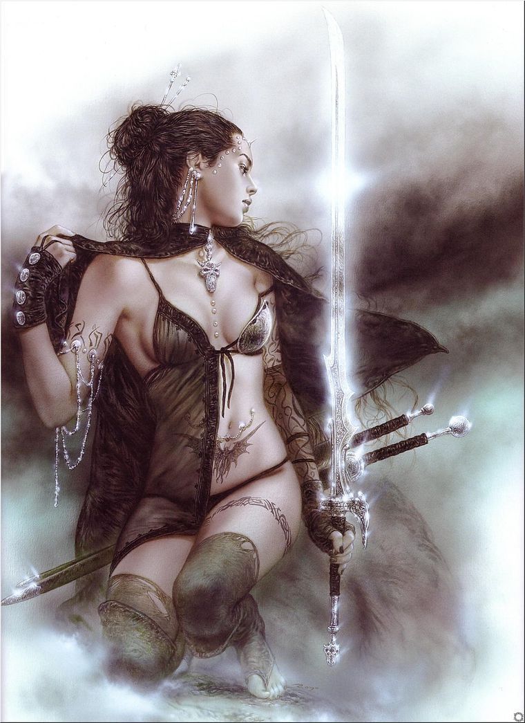 arm_piercing arm_tattoo belly_piercing black_cape black_nails black_panties brown_hair cape chest_studs ear_chain earrings face_piercings fingerless_gloves fog gloves hair_bun hair_ornament hairpin jewelry leg_tattoo lingerie lips luis_royo metal_bra multiple_hairpins multiple_weapons navel necklace original ornate_weapon panties shiny_weapon silver_jewelry single_bare_shoulder skull_necklace stomach_tattoo studs sword tattoo teddy_(lingerie) thighhighs thighs toes torn_clothes torn_socks underwear weapon