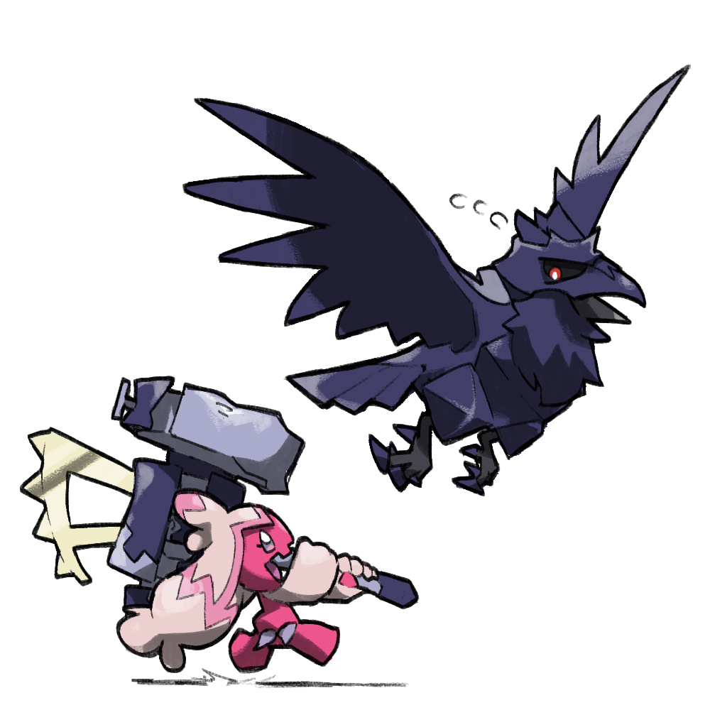 bird black_sclera blacknirrow chasing colored_sclera corviknight creatures_(company) fleeing flying flying_sweatdrops from_side full_body game_freak gen_8_pokemon hammer holding holding_hammer nintendo no_humans open_mouth pokemon pokemon_(creature) red_eyes running simple_background smile talons tinkaton white_background