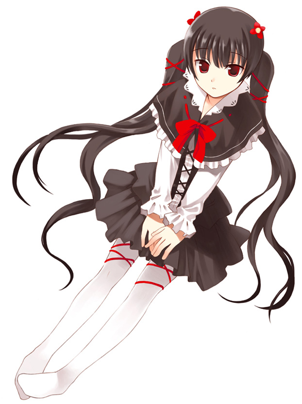 1girl black_hair capelet female_focus goth_fashion gothic_lolita hair_ribbon kurasuke lolita_fashion pantyhose red_eyes ribbon simple_background sitting solo twintails white_pantyhose