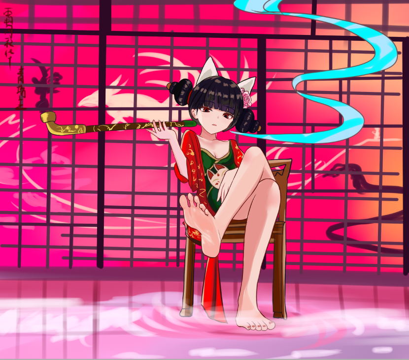 1girl baishe:_yuanqi barefoot black_hair chair crossed_legs double_bun feet fox_spirit_(white_snake) hair_bun long_hair looking_at_viewer red_eyes sitting smoking_pipe soles suangyue_qiuhua toes